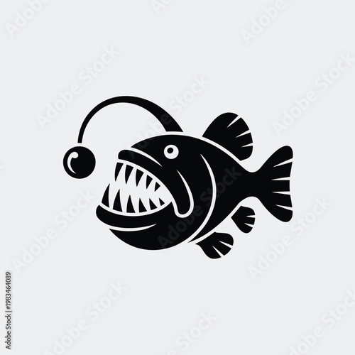 Stylized anglerfish illustration with bioluminescent lure and sharp teeth
