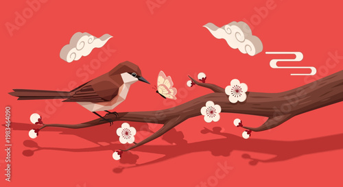 A brown bird perched on a flowering branch.