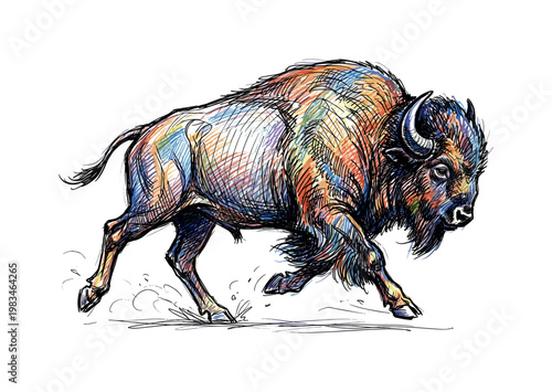Buffalo in dynamic stride with extended legs and powerful body silhouette capturing motion and mass through structured anatomy and