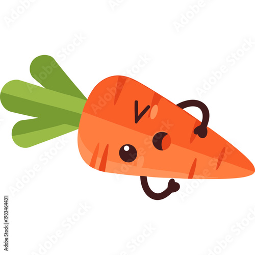 A cartoon carrot with a face and arms is running happily outdoors.