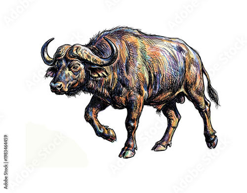 Walking buffalo in three-quarter view with one leg lifted and heavy body motion emphasized through strong limb structure and horn