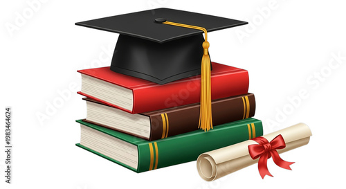 Graduation cap on colorful books with diploma representing academic success and education transparent background