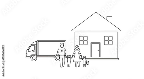 A family stands with a moving truck and new home