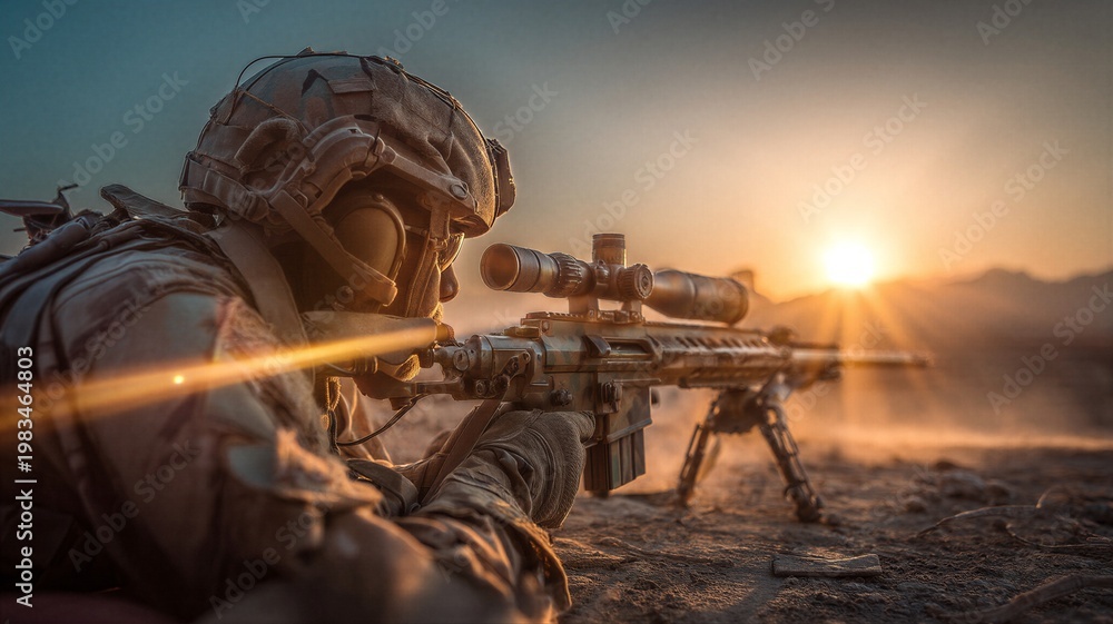 Obraz premium Military marksman aiming sniper rifle at desert sunset