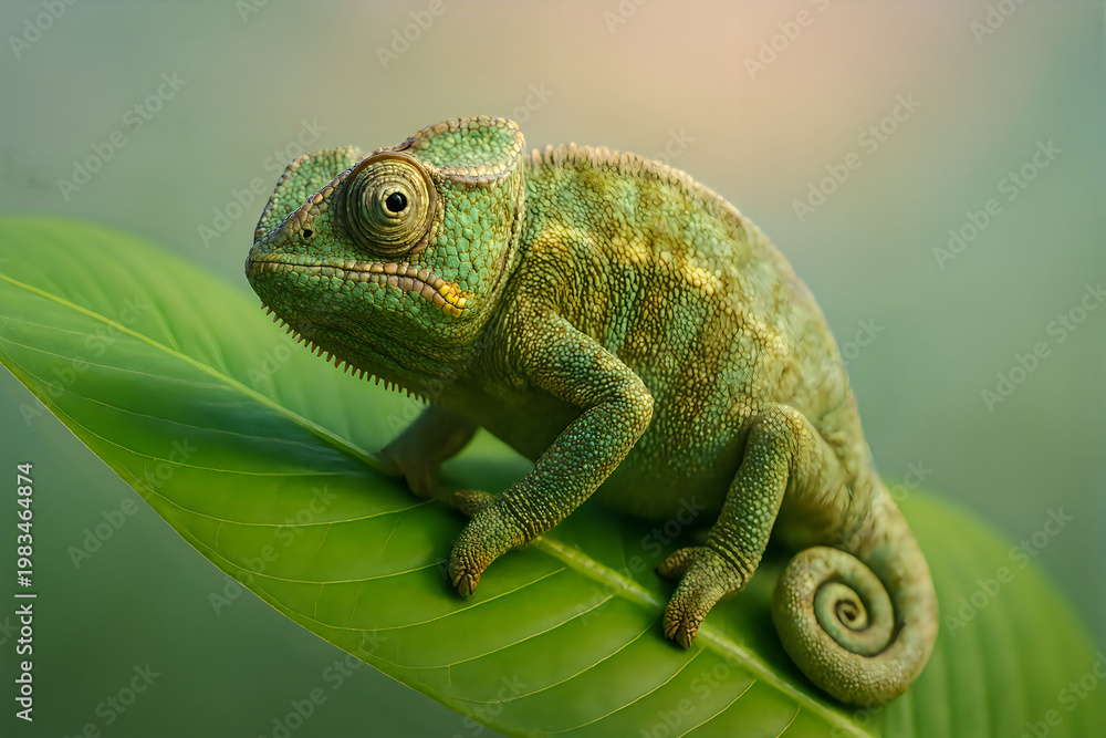 Fototapeta premium Green chameleon on branch close-up wildlife reptile camouflage nature