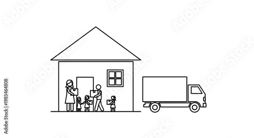 Family loading boxes into a truck next to a house