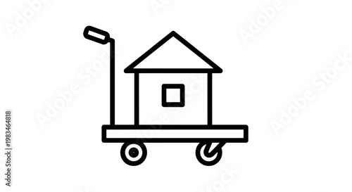 Line art depicts a house on wheels, symbolizing relocation