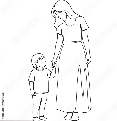 Woman and little boy holding hands on vector illustration