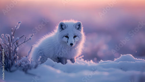 Arctic wolf and arctic fox in snowy winter landscape