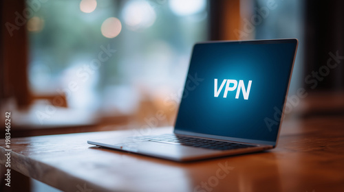 Laptop on a wooden desk displaying VPN on screen, illustrating online privacy and security for personal data during web browsing, remote work, and safe connections for home users.