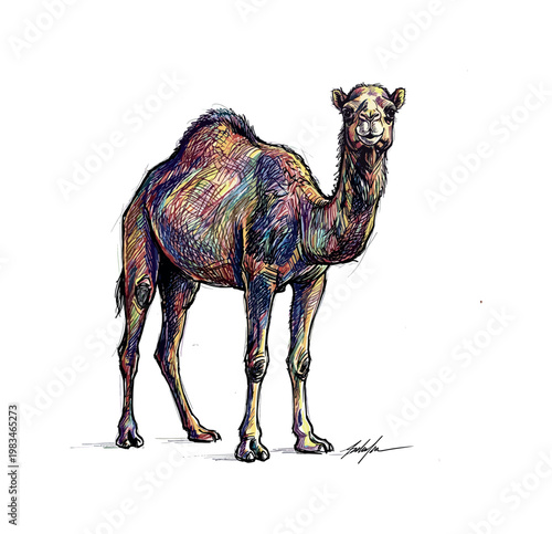 Camel facing forward in full body view with balanced stance and elongated limbs clearly defined, hump structure centered and