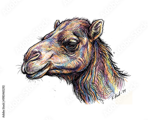 Close-up camel head focusing on eyes nose and textured fur around the muzzle creating strong structure and depth through layered