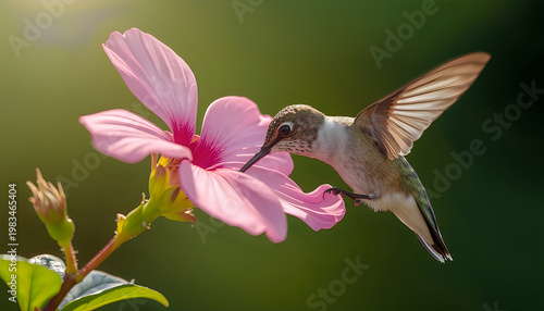 Hummingbird feeding on flower in a colorful spring garden