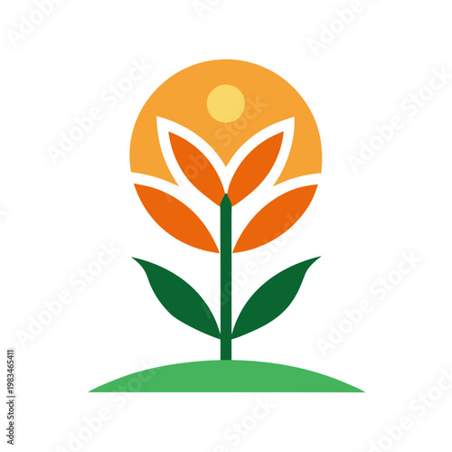Abstract flower with sun and leaves isolated on transparent background, simple geometric design