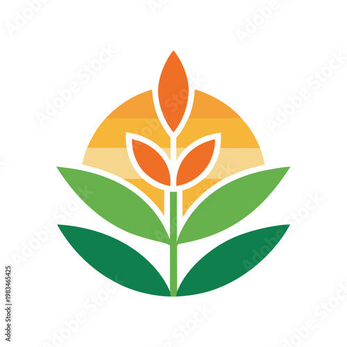 Abstract plant with sunset horizon, stylized growth and nature symbol, vector design