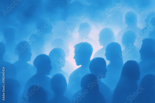 Crowd silhouettes in blue fog create a mysterious atmosphere, showing anonymity and unity among figures, evoking a collective mood and distant voices in soft, diffuse light.