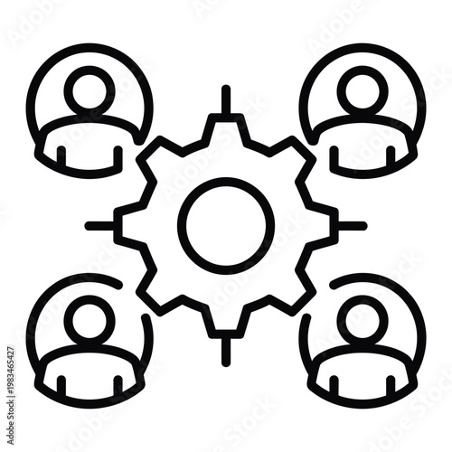 solid icon showing four people around gear symbol, representing teamwork, cooperation, group effort and business process collaboration.