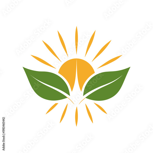 Sun rays and leaves, nature symbol, abstract growth concept, organic element, vector art