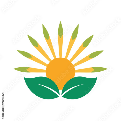 Abstract sun logo design with green leaves and yellow rays radiating from center for agriculture