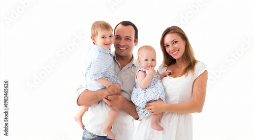 Happy family portrait with parents holding two children, smiling together in a bright and cheerful setting.