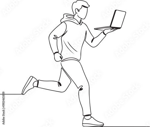 Man running with laptop in hand outdoors vector illustration