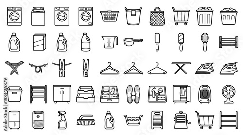 Laundry icons set washing machines detergents and cleaning supplies