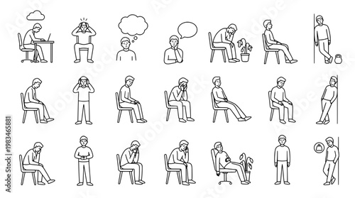 Line art illustrations depicting various human emotions and activities