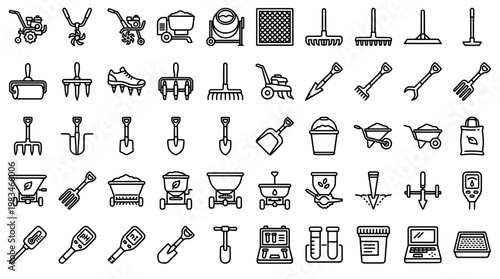 Outlined gardening tools and equipment collection for design elements