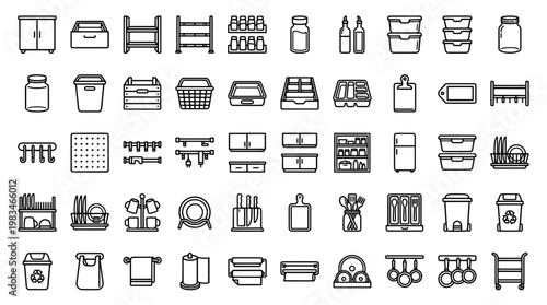 Organized storage and kitchen icons for design and commercial applications