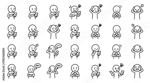 Set of cartoon people icons using mobile devices expressing various emotions