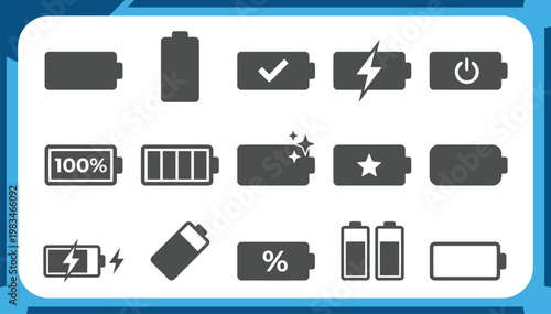 Large Collection of Battery Status Icons Featuring Full Charge Level, Fast Charging Bolt, Energy Saving Mode, Power Percentage and Electronic Device Graphic Elements Vector Set