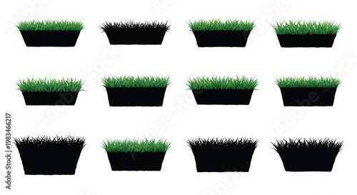 Arrangement of small grass patches in rectangular black containers