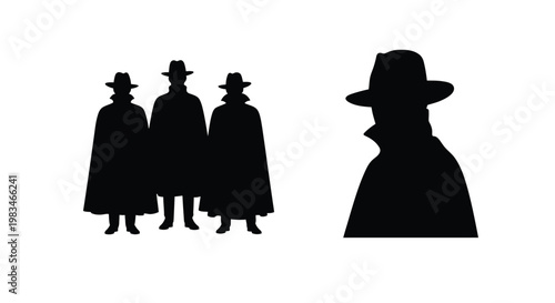 Silhouettes of figures wearing hats and cloaks against a white background