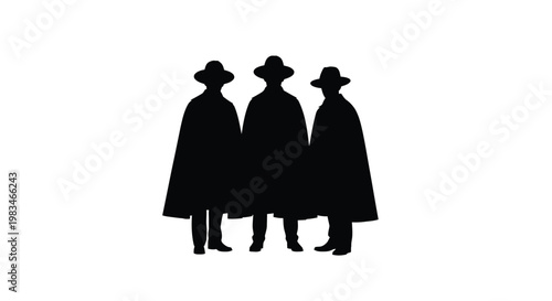 Silhouettes of five figures wearing hats and capes against white
