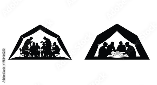 Silhouettes of people collaborating inside triangular tent like structures