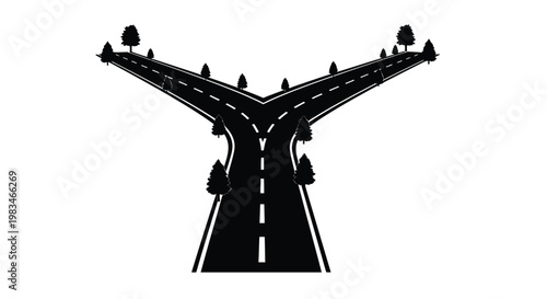 A diverging road splits into two paths lined with silhouetted trees