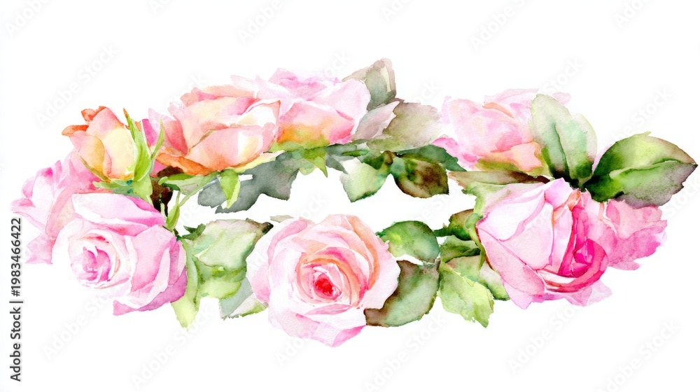 Fototapeta premium diffused. A delicate floral wreath of pink roses, beautifully isolated on a pure white background. gardening catalogs, home-decor guides, designed for gardening and botanical catalogs. 