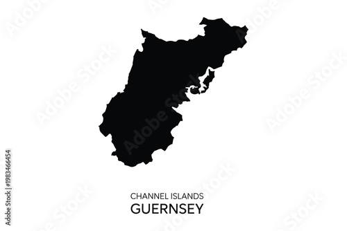 A black silhouette map of Guernsey channel islands with text labeling
