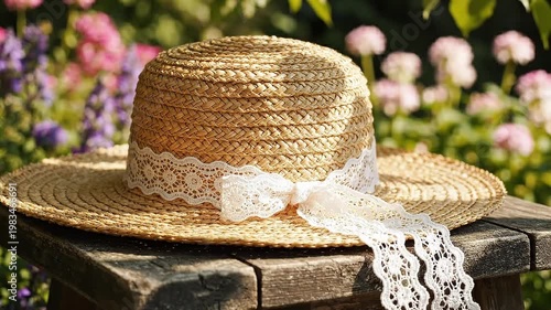 Straw hat with lace ribbon resting on wooden table in garden  