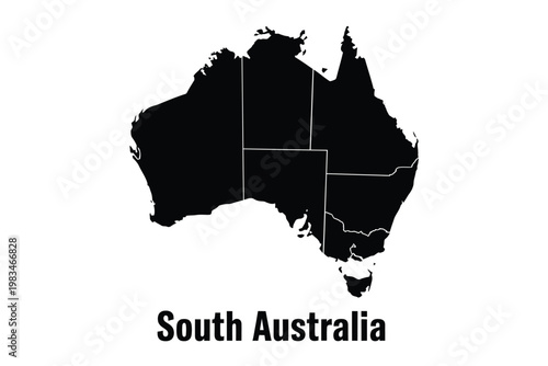 Black silhouette of australia with state borders and south australia text
