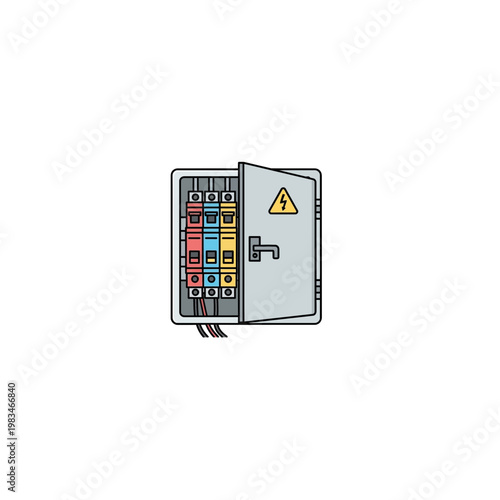 Electrical distribution board with open door and circuit breakers