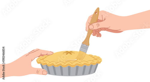 Two hands work together to brush an egg wash over the crimped crust of a golden unbaked pie in a metal tin against a neutral white background setting.