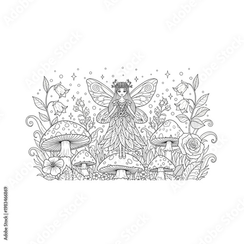 Fantasy woodland fairy among mushrooms line art