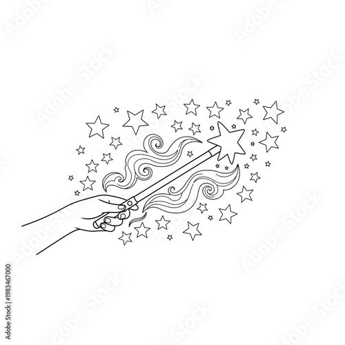 Hand holding magical wand casting a spell with glowing sparkle stars effect