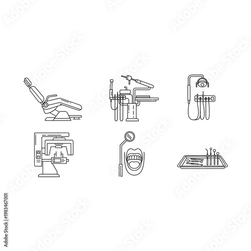 Set of dental office equipment and medical professional tools icon collection
