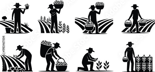Set of black and white vector icons depicting farmers harvesting crops in agricultural fields with baskets and hats