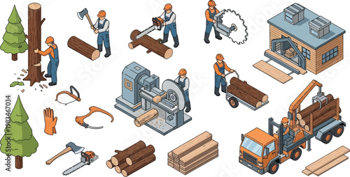 Isometric vector illustration set featuring professional lumberjacks working with industrial logging equipment timber processing machinery and heavy transport trucks