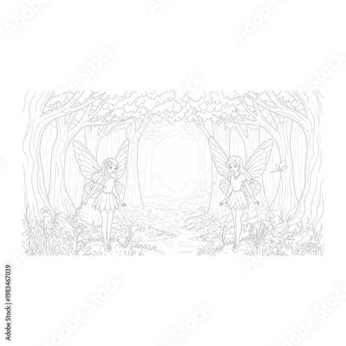 Enchanted forest fairies line art illustration with fairy tale