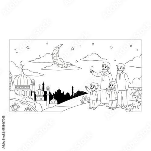 Family observing crescent moon over city skyline