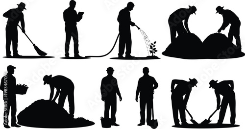A collection of black silhouettes depicting various agricultural workers performing essential farming tasks like watering plants and digging soil